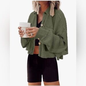 Green waffle Knit cropped Cardigan